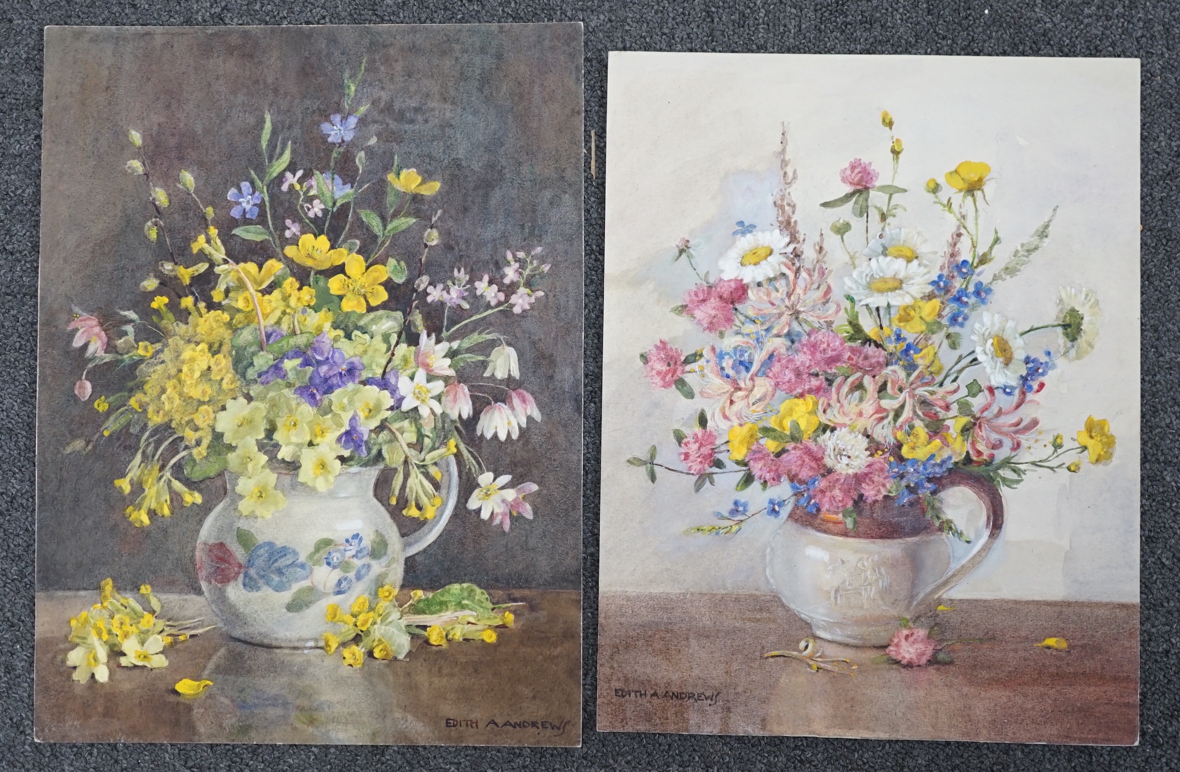 Edith Alice Andrews (Exh. 1900-1940), two watercolour designs for postcards, 'Hedgerow Flowers' and 'Spring Blossoms', signed, largest 36 x 27cm, unframed